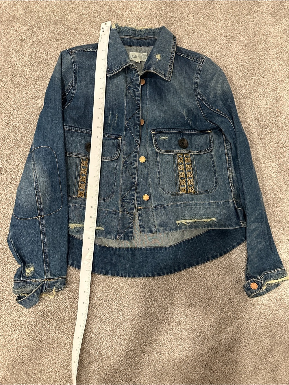 Jolt blue distressed denim jacket southwestern-style embroidered strip